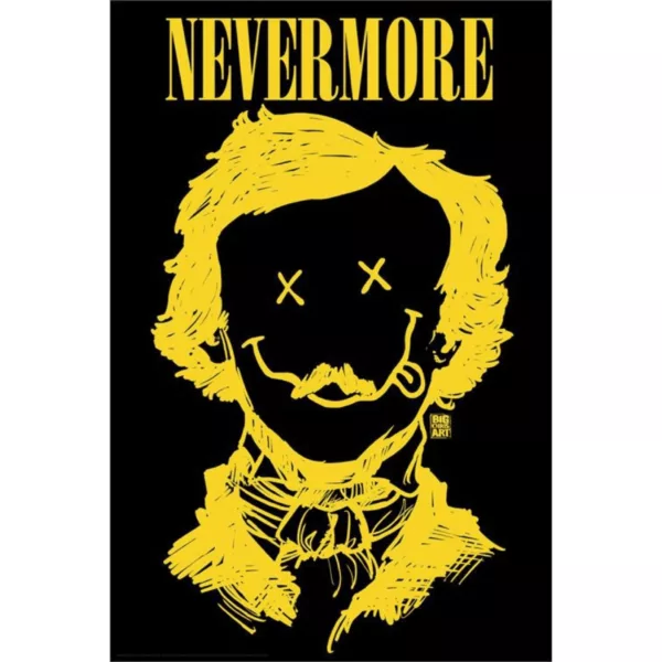 Eerie and mysterious black and yellow poster with drawing of a man with mustache and smirk in black suit and yellow shirt. Nevermore written in white letters at top and bottom.