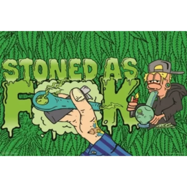 Cartoon poster featuring a person smoking marijuana from a bong with the text 'stoned as fuck' on a green and brown patterned wall.