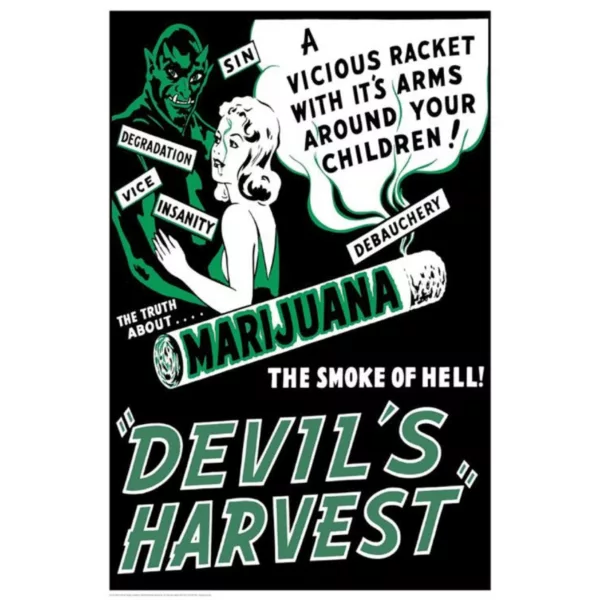 Eye-catching poster for Devil's Smoke Harvest featuring a cartoon devil smoking a cigar in a green and black design. Appeals to those with a sense of humor who enjoy smoking marijuana.