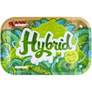 A green and yellow, swirling patterned tray made of plastic or metal, with a smooth surface and a sense of movement and energy. Lightweight and easy to handle.