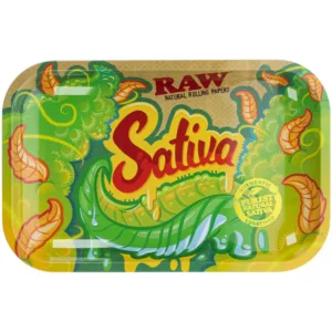 Sativa Rolling Tray - Raw, made of metal with green Sativa label on yellow background, rectangular shape with rounded edges.