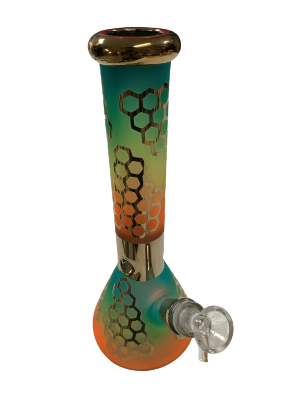 Glass bong with honeycomb pattern in shades of blue, green, and orange. Clear glass base and stem with small, round bases.