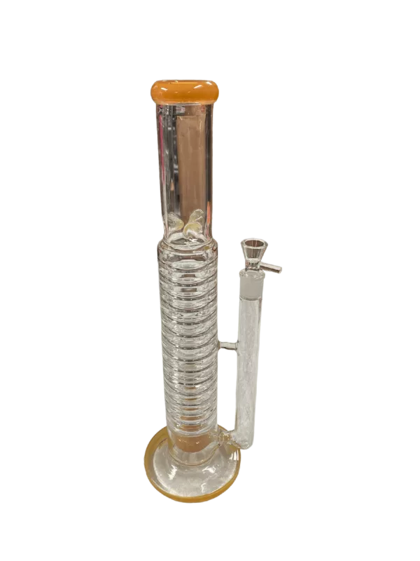 Clear glass bong with yellow handle, small round base, and large round bowl with circular perforation.