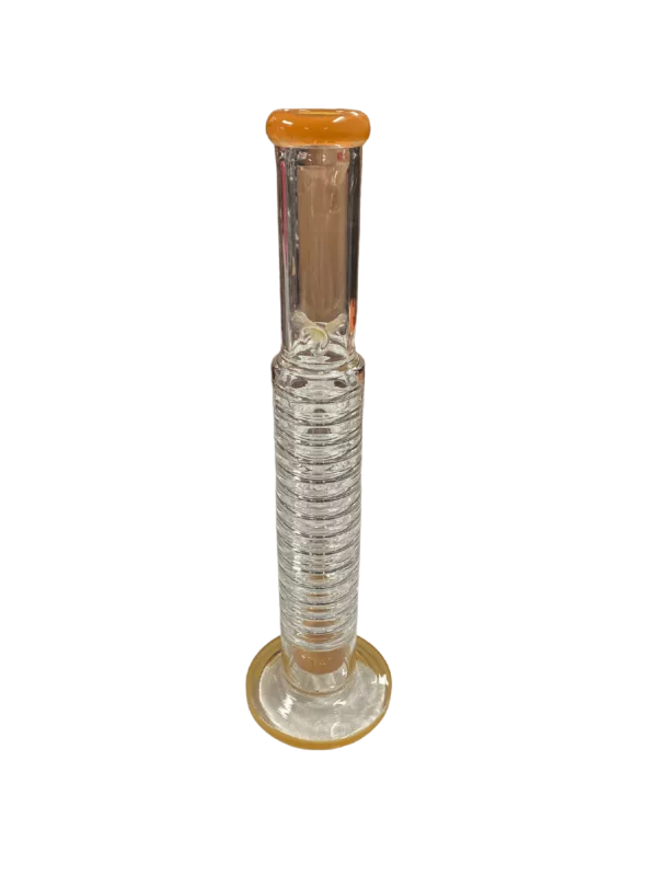 Clear glass pipe with yellow band and small, round base, suitable for smoking.