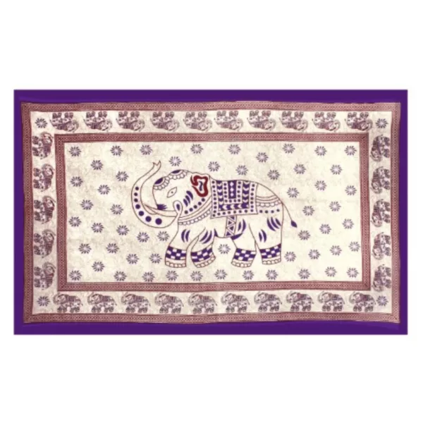 Beautiful Indian elephant tapestry with intricate details and purple floral background.