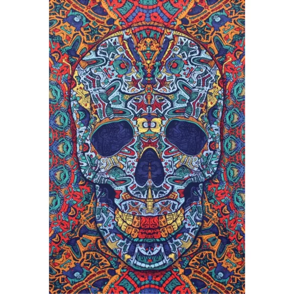 Colorful, psychedelic skull tapestry with blue and orange background and intricate patterns in the foreground.