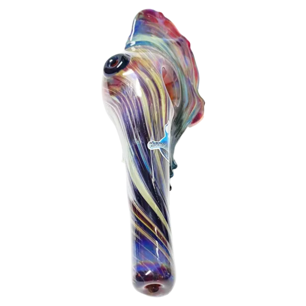 A glass pipe with a colorful, swirling design on the body and a small, round bowl on the end, available for purchase at a smoking company website.