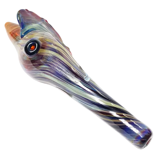 Long, curved glass pipe with colorful swirling pattern in blue, green, and orange. Sleek and modern design. Purple Conch - Chameleon Glass.