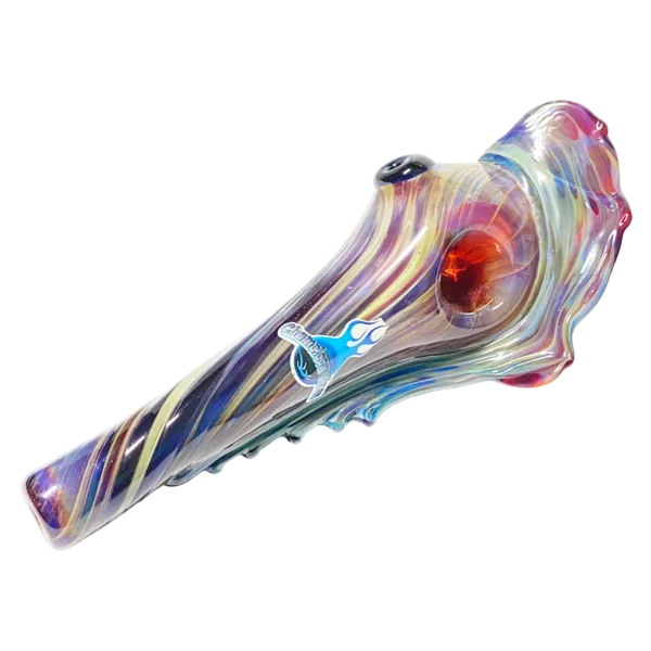 Elegant glass pipe with colorful, swirled design and small bowl and stem. Made of clear glass and features a round knob at the end.