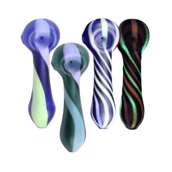 Three vibrant, curved glass pipes with unique swirl patterns: blue/green, purple/pink, and yellow/black.