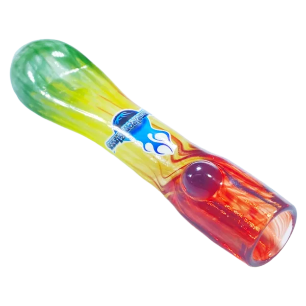 A colorful glass pipe with a swirl design, featuring a small and large hole at the top and bottom. Made of transparent glass and sitting on a white background.