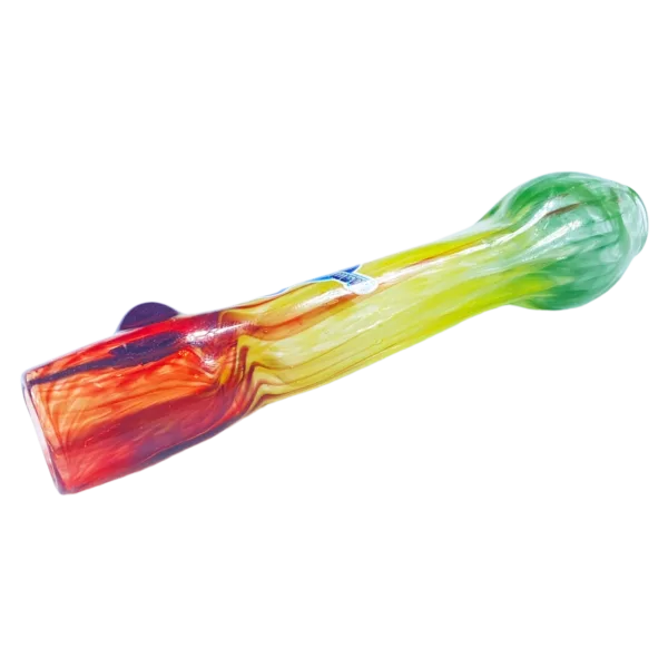 Colorful glass pipe with rainbow effect, long curved shape and small round base.