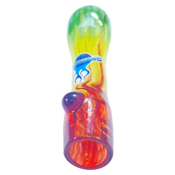 Colorful glass pipe with blue and red bird design. Round shape and clear glass. Small and large holes at top and bottom. White background.