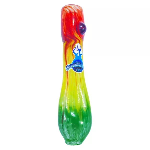 Unique glass vase, 'Chameleon Glass', with blue and green design for holding cigarettes. Round base and curved neck on white background.