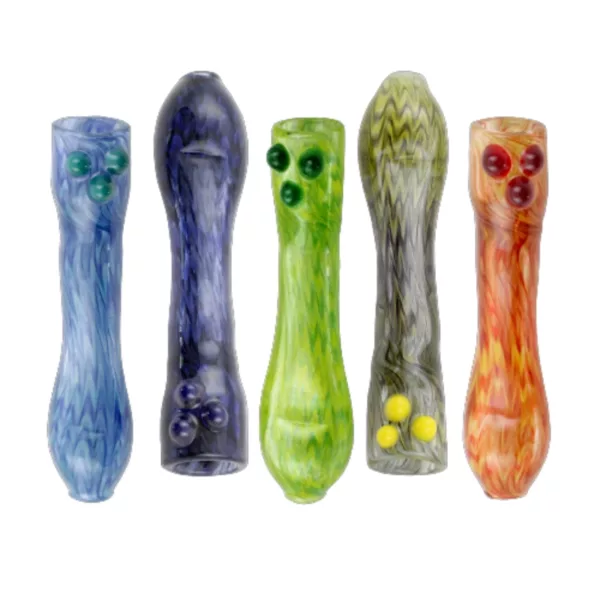 A set of six unique glass pipes with varying shapes and colors, arranged in a line.