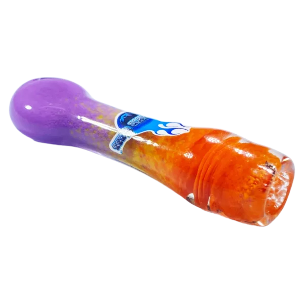 Plastic pipe with purple and orange colors, blue tip, and small hole. Satin finish on white background.