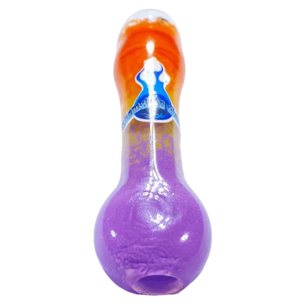 purple and orange glass bong with a blue and white wave pattern design. It has a small round base and a long curved neck.