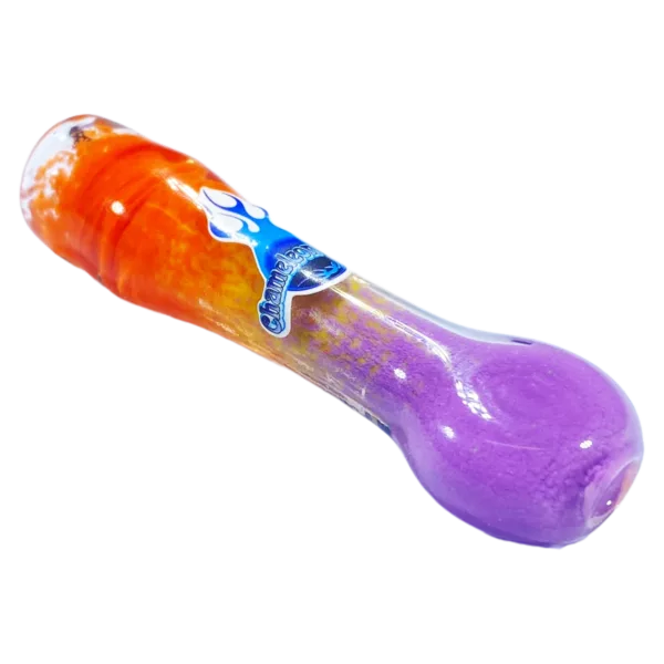 Stylish glass pipe with purple/orange swirl design, small round base & long curved neck. Transparent base & opaque neck. Smooth, glossy surface.