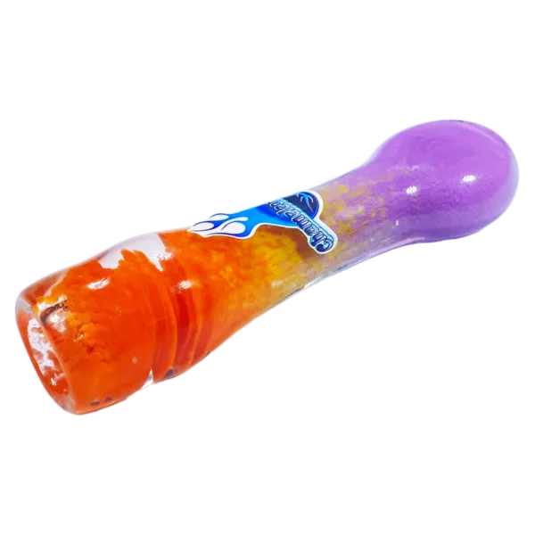 Plastic toy dolphin shaped cig holder, purple/orange, transparent body, translucent fins, open mouth, closed eyes, sitting on blue/white background.