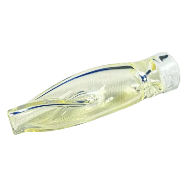 Clear glass vial with blue and yellow striped design, used for storing liquids or substances. Chameleon Glass.