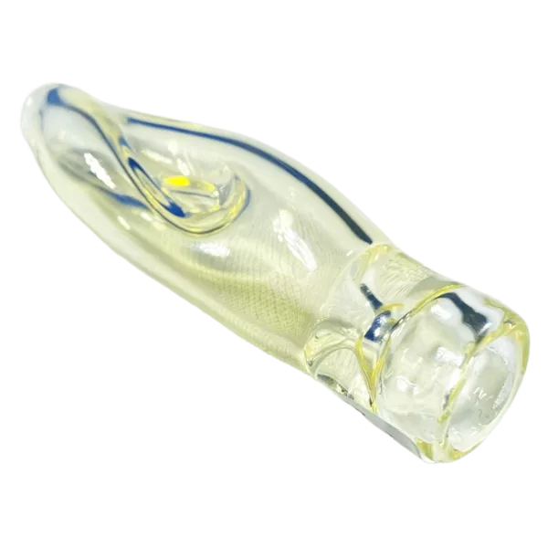 Clear glass pipe with blue and yellow stripe, round base and tapered shape, small mouthpiece, smooth surface, color-changing design.