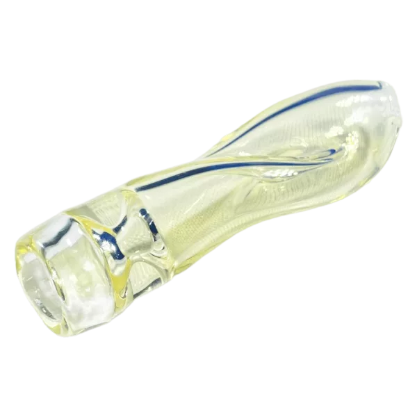 Clear glass pipe with blue and yellow striped design on side. Small, round base and long, curved neck. Sleek and modern appearance.