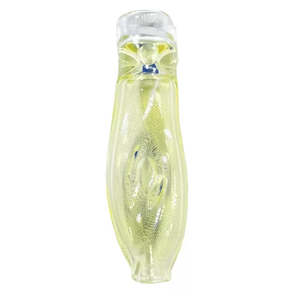 Clear glass perfume bottle with yellow label, curved shape and wide mouth. White text on yellow background. Sitting on white background.