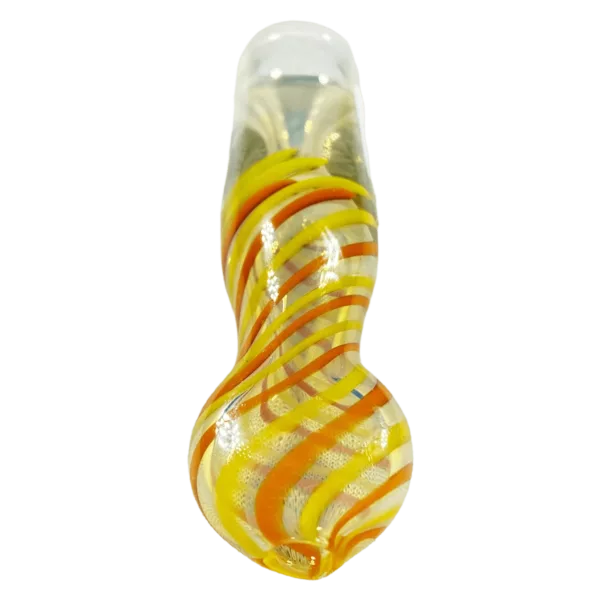 A glass pipe with a yellow and orange swirled design, clear plastic mouthpiece, and small round base.