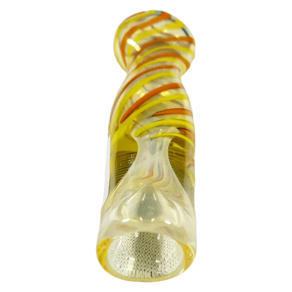 Striped glass pipe with small hole at end, made of clear glass and sitting on white background.