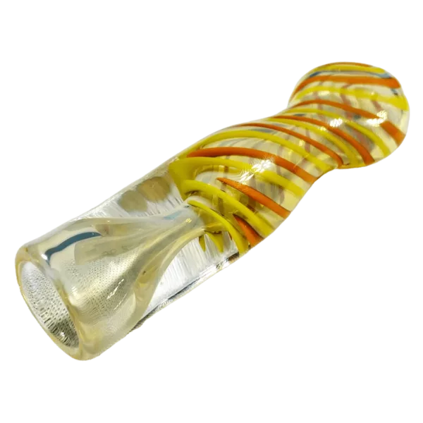 Glass pipe with yellow and orange stripes, curved neck and mouthpiece, smooth surface. Lit from side, solid green background.