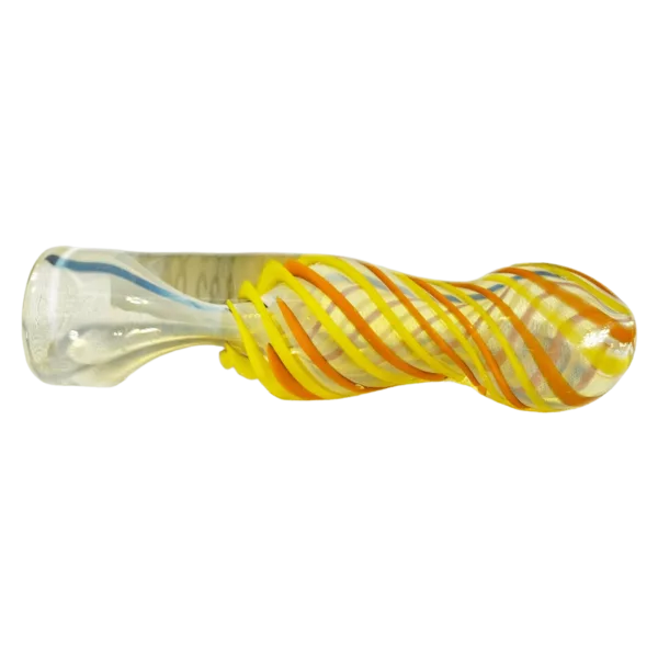 Handmade glass pipe with yellow and white striped design on curved body and clear stem.