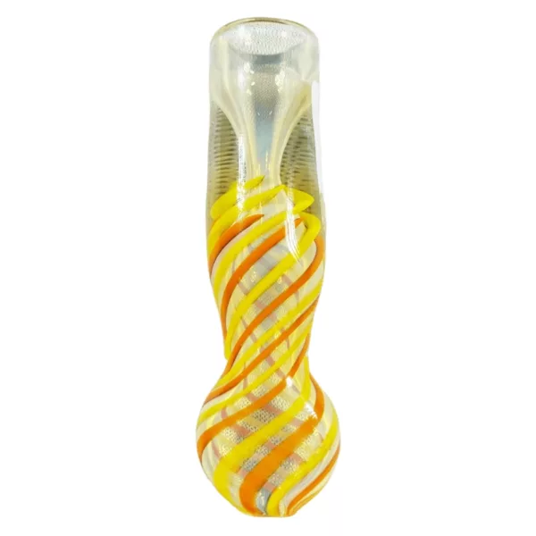 Glass pipe with yellow/white stripes, clear base, and small knob. Modern and stylish design.
