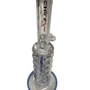 Glass bong with blue and clear bowls connected by a chain, sitting on white background.