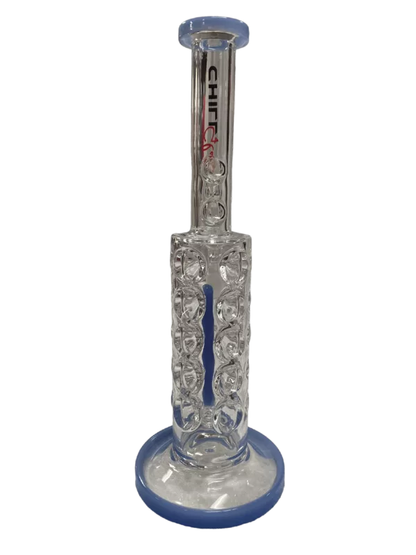 Clear blue glass bong with a small circular base and larger cylindrical body. Stem attached to body with small circular base at top. CCJLC224 Pop Pop Rig.