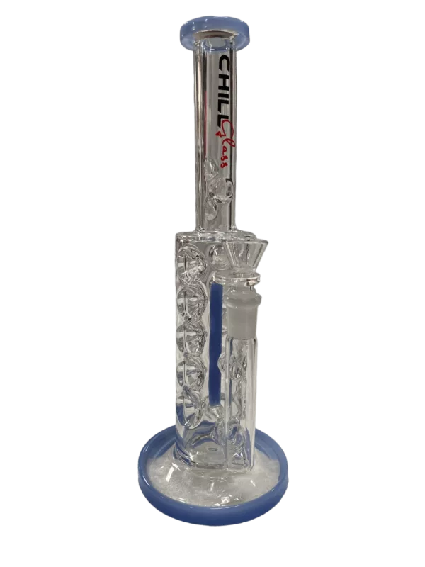 A large glass bong with a blue base and clear stem, bowl and tube. It has a stand with a blue base and small blue ring around the edge.