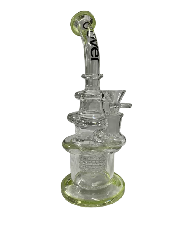 Clear glass bong with small circular mouthpiece and base, sitting on white background. Made by Wedding Crasher.
