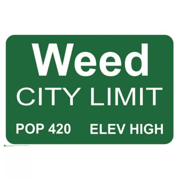 Green sign with white text WEDDING CITY LIMIT 400 ELEV HIGH on green background, mounted on pole with white border. Designates speed limit in area.