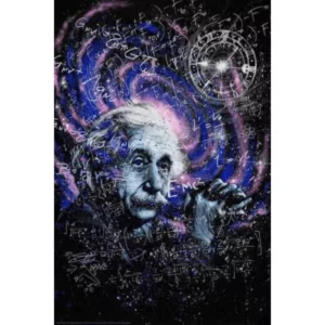 black and white portrait of Albert Einstein with cosmic patterns and equations as a background. It represents the scientific mind and the power of mathematics.