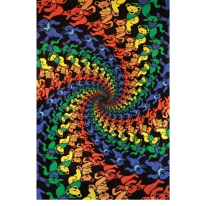 Psychedelic swirl pattern in bright colors on black background, intended for decorative use.