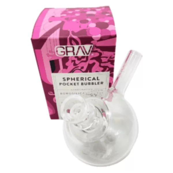 small, spherical glass bubbler with a pink box on the side. It has a small opening at the top and a larger opening at the bottom.
