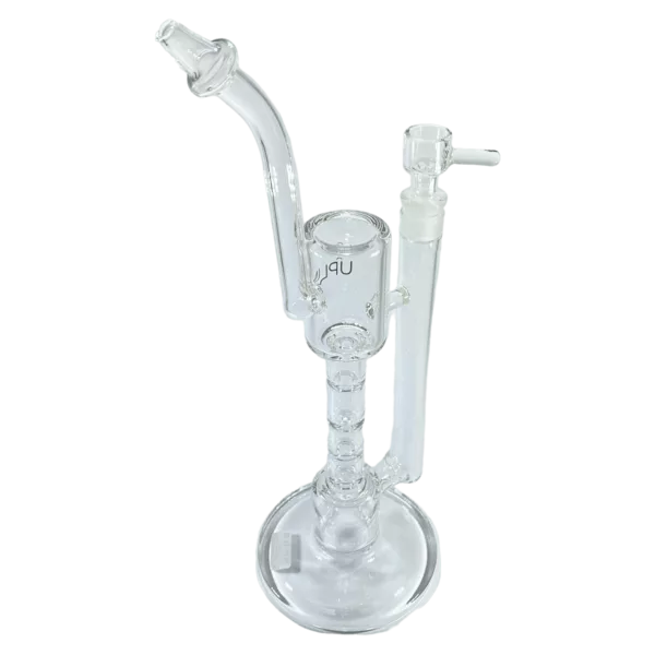 clear glass bong with a long, curved stem and a round base. It features a small and large bowl and no visible decoration.