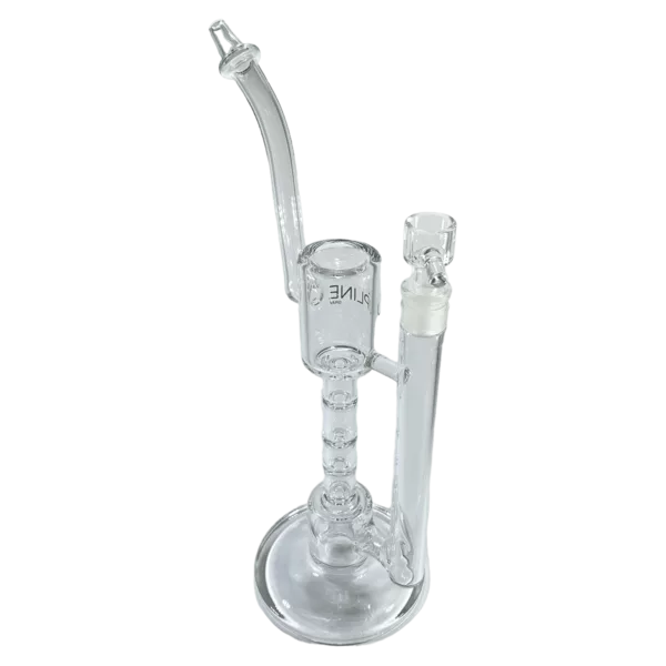 A sleek and modern glass bong with a clear cylindrical shape, small circular mouthpiece, and long curved neck, sitting on a glass base.