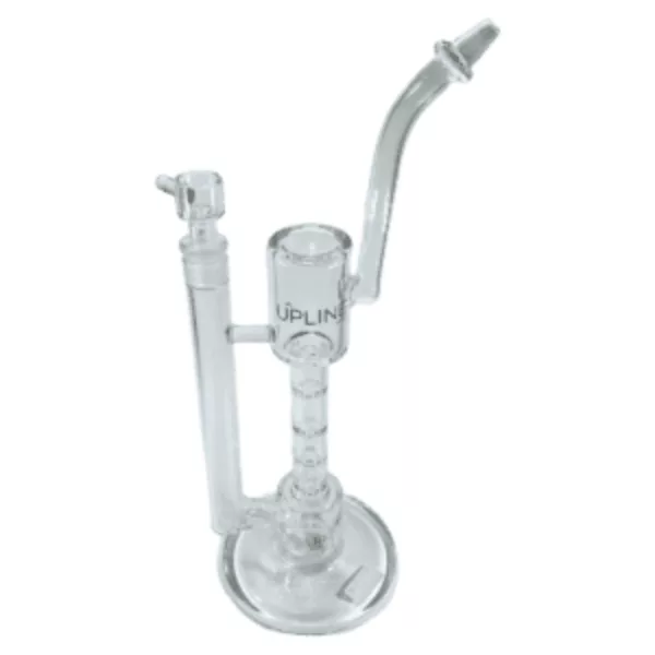 clear glass bong with a long stem and small bowl on top, attached to the stem with a knob. It has a clear base with a small hole at the bottom and a clear stem attached to the base with a knob. The stem has multiple small holes at the bottom.