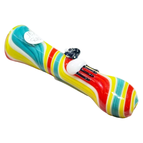 Colorful, striped glass pipe with black handle and round shape. Jem Glass Linework Bat.