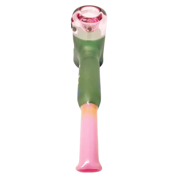 A small, green and pink vaporizer with a clear plastic tube and pink plastic base, producing smoke. It is sold as Small Encalmo Poker - Daft on a smoking company website.