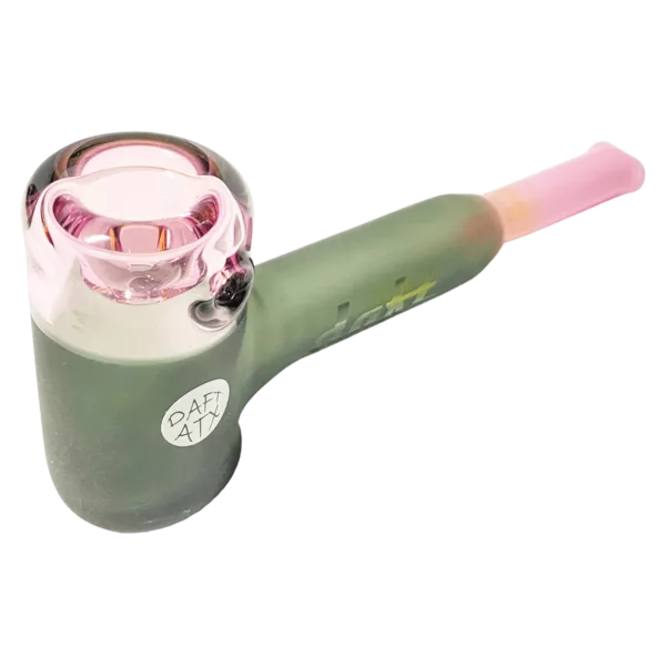 Modern smoking pipe with pink plastic handle and green metal body, shaped like a bell and featuring a sleek design. Small hole at the end of the stem.