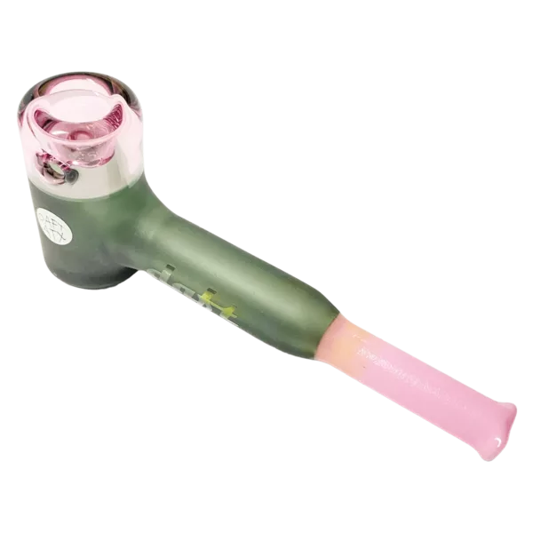Small pink handled pipe with green body and metal stem. Bowl emits pink and white smoke. Minimalistic design.