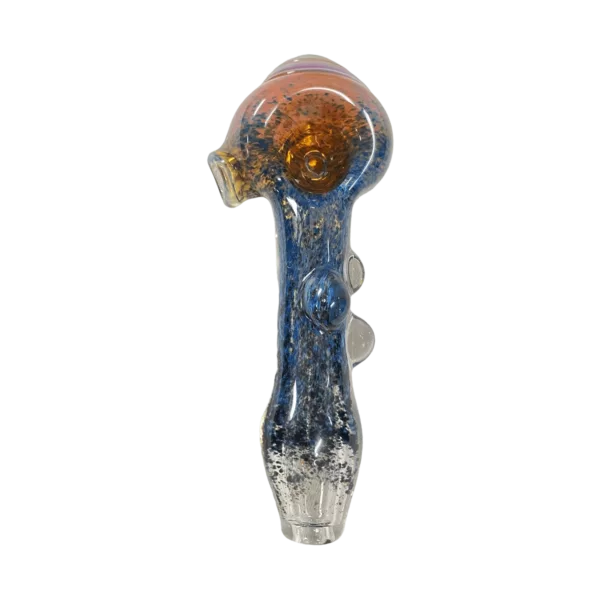 Sleek and modern glass pipe with blue and orange swirl pattern and clear stem, perfect for smoking.