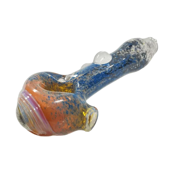 Handmade glass pipe with blue, orange, and yellow swirl pattern on bowl and stem. High quality, well crafted piece of art glass.