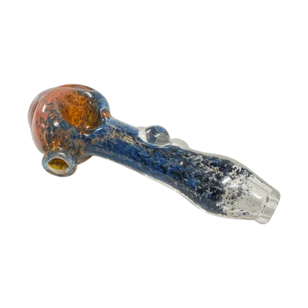 Glass pipe with blue and orange swirl pattern and clear glass stem. Perfect for smoking enthusiasts.